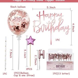 Theme Decorate Rose Gold Cake Decoration Kit Set - Happy Birthday Candles Balloons, Happy Birthday Banner, Confetti Rubber Balloon, Stars Cake Topper for Girl Kid Women Birthday Theme Decor