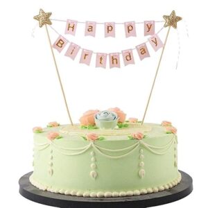 Party Propz Pink Happy Birthday Cake Topper - 1 Pc With Golden Glitter Alphabets | Cake Decoration Items | Cake Toppers for Wife, Girls, Kids